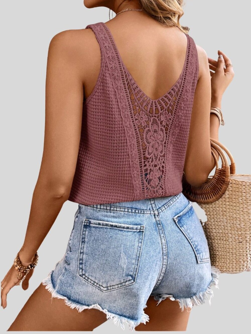 Lace Patchwork Textured Cami Dusty Rose - Picture 3 of 5